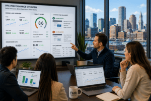 Boston PPC agency team reviewing landing page relevance and Google Ads campaign performance