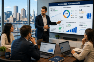 Boston SEO team reviewing search rankings, organic traffic growth, and local SEO performance strategies