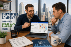 Chicago business owner receiving customer inquiries from improved Google Maps rankings and local SEO