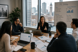 Chicago PPC agency team meeting to discuss click intent, audience behavior, and PPC conversion optimization strategies