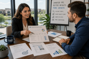 Cinco Ranch PPC Agency meeting with a local business owner to improve Google Ads Quality Score and campaign performance