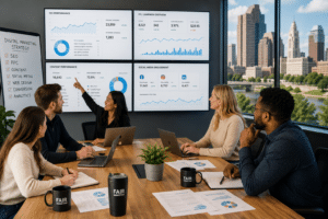 Columbus Digital Marketing Agency team analyzing SEO, PPC, content marketing, and customer behavior data to drive business growth