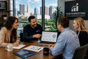 Columbus business professionals reviewing SEO strategy, website analytics, and digital marketing performance during a planning meeting.
